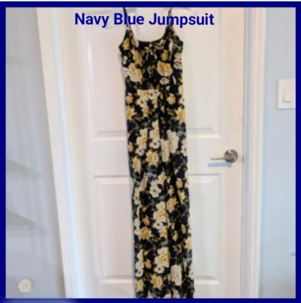 NWT Spring Navy Blue Jumpsuit with Yellow-Gold Floral print Slit - Picture 12 of 14